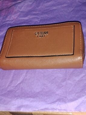 Guess Tan Saffiano Leather Zip Wallet with Logo